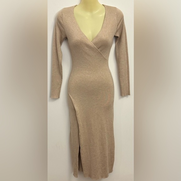ASTR the Label Ribbed Long Sleeve Fitted Faux Wrap Dress with High Slit Slit XS - Picture 1 of 9
